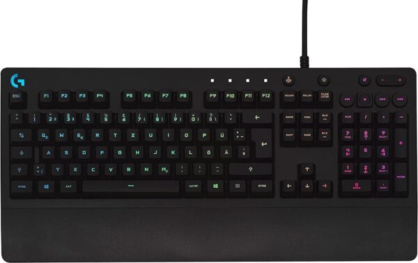 Logitech G213 Gaming Keyboard Prodigy, RGB lighting, programmable G-keys, multimedia controls, integrated palm rest, splashproof, German QWERTY layout, Black