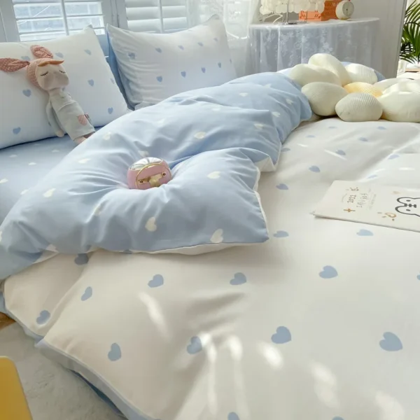 Ins Blue Love Heart Bedding Set Soft Bed Flat Sheet Pillowcase Women Girls Duvet Cover Twin Full Queen Size Home Textiles