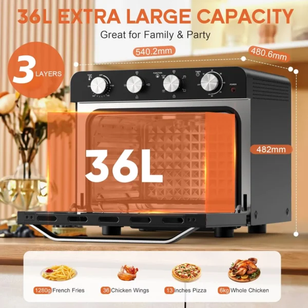 S950c6d386e3b4e8db45ba654a46afcbfK-3.webp Karinear 36L Air Fryer Oven, 1700W Stainless Steel Airfryer 10 in 1 Countertop Oven, Double-layered Glass Door, Accessory Set