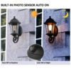 Outdoor Waterproof Retro Wall Light – 2-Pack Black Aluminum with Clear Bubble Glass & Light Sensing