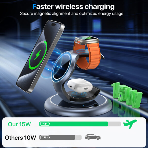 3-in-1 MagSafe Wireless Charging Station – Fast Charger for iPhone, Apple Watch & AirPods