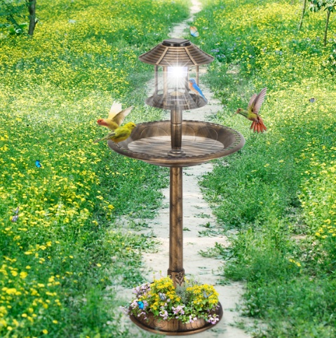 Bronze, With Solar Light, Bird Bath 51x51x106cm Plastic Round